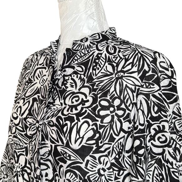 Laura Ashley Petite Black White 100% Linen Shirt Womens Sz PM Embroidered Loose - Picture 9 of 16